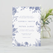 Elegante Toile Franse Blauwe Tuin Bloemen Kaart (Staand voorkant)