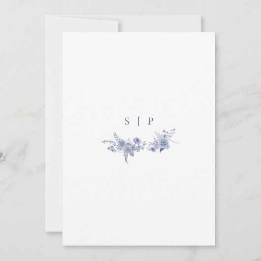 Elegante Toile Franse Blauwe Tuin Bloemen Kaart (Achterkant)