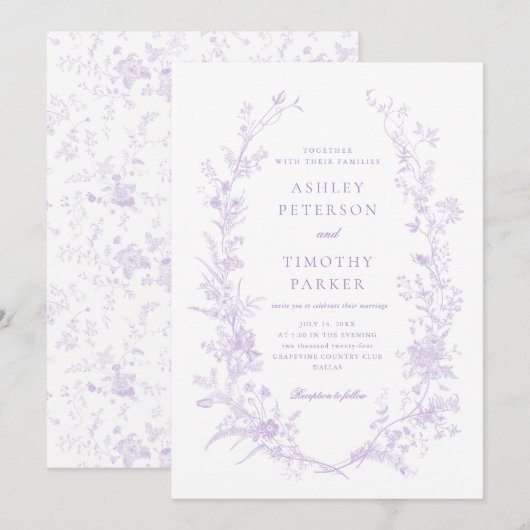 Elegante Toile Franse Lavendel Bloemen Huwelijk Kaart (Voorkant / Achterkant)