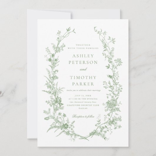 Elegante Toile Franse Saliegroene Bloemige Bruilof Kaart (Voorkant)