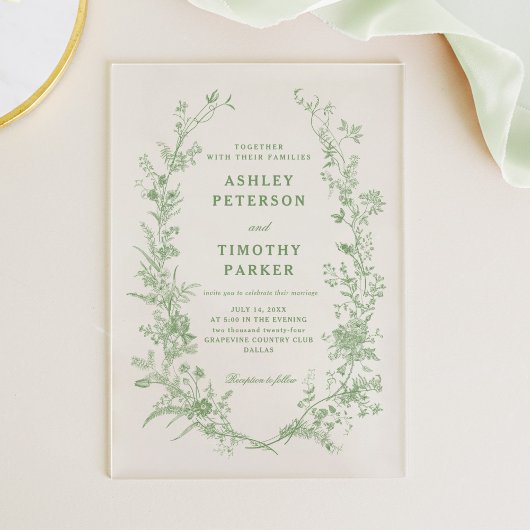 Elegante Toile Sage Groene Bloemen Huwelijk Acryl Uitnodigingen