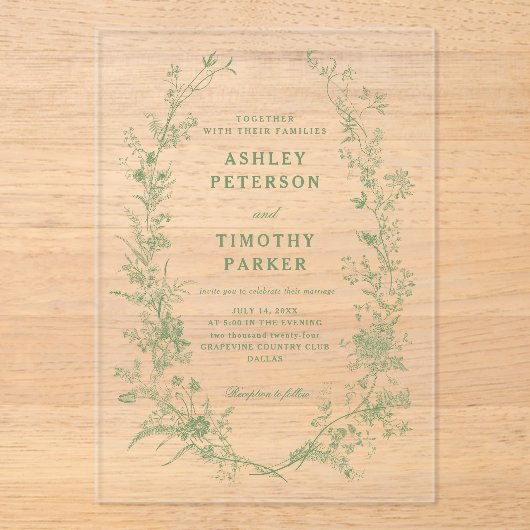 Elegante Toile Saliegroene Bloemige Trouw Acryl Uitnodigingen (Voorkant)