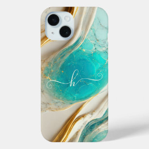 Elegante Topaz Blauwe Goud Aderen Marmer Monogram iPhone 15 Case