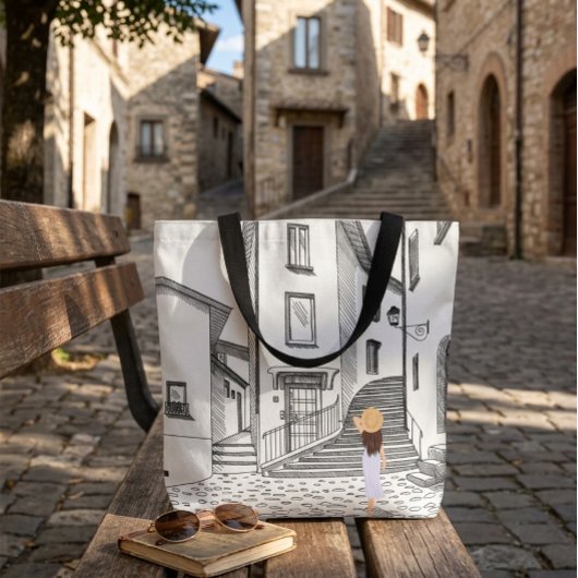 Elegante Tote Bag met Handgetekende Oude Stad