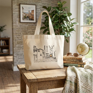 Elegante Tote Bag met Handgetekende Oude Stad