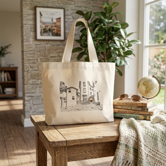 Elegante Tote Bag met Handgetekende Oude Stad