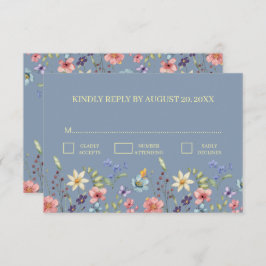 Elegante Traditionele Bloemen Dusty Blue Wedding R RSVP Kaartje