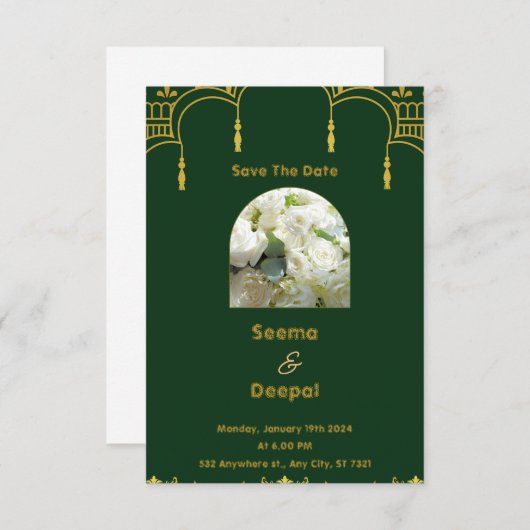 Elegante traditionele Indiase bruiloft in groen en RSVP Kaartje (Voorkant / Achterkant)