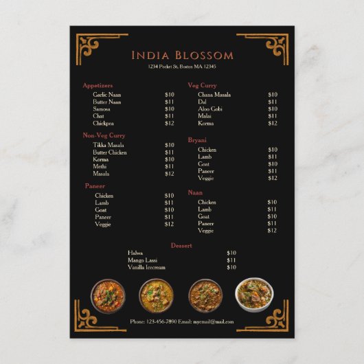 Elegante traditionele Indiase restaurant plat menu (Voorkant)