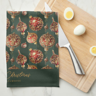 Elegante traditionele rode en gouden kerstballen theedoek