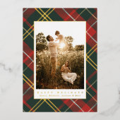 Elegante traditionele rood en groen geplakte foto folie feestdagenkaart (Voorkant)