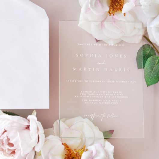 Elegante transparante minimalistische bruiloft acryl uitnodigingen