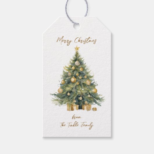 Elegante Tree Waterverf Gold Glittery Snow Cadeaulabel (Voorkant)