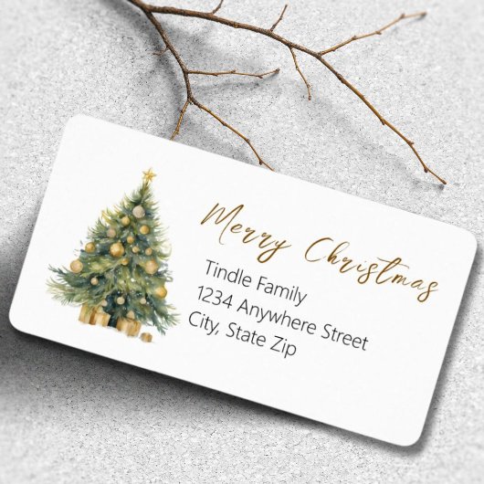 Elegante Tree Waterverf Gold Glittery Snow Cadeaulabel