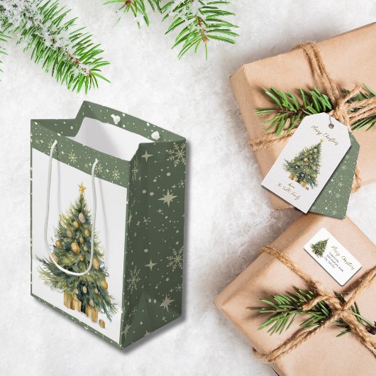 Elegante Tree Waterverf Gold Glittery Snow Cadeaulabel