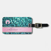 Elegante Trendy Blauwgroen Strip Glitter Monogramm Bagagelabel (Voorkant horizontaal)