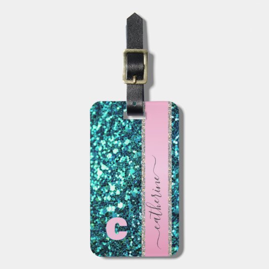 Elegante Trendy Blauwgroen Strip Glitter Monogramm Bagagelabel (Voorkant verticaal)