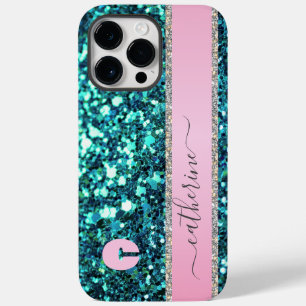 Elegante Trendy Blauwgroen Strip Glitter Monogramm Case-Mate iPhone 14 Pro Max Hoesje
