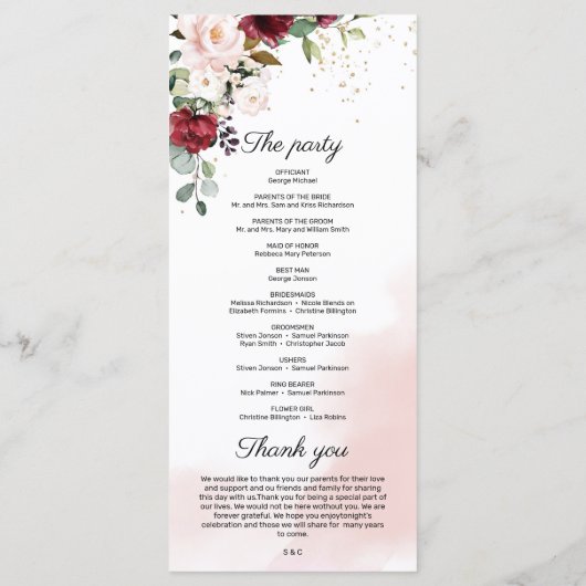 Elegante trendy bordeaux diep rood goud roze bruil programmakaart (Achterkant)