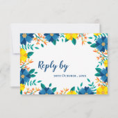 Elegante trendy geel blauw bloemen bruiloft RSVP kaartje (Voorkant)