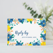 Elegante trendy geel blauw bloemen bruiloft RSVP kaartje (Staand voorkant)