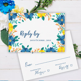 Elegante trendy  geel blauw bloemen bruiloft RSVP kaartje