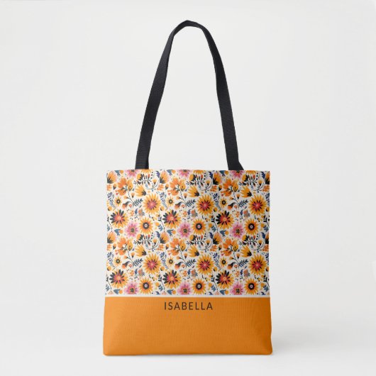 Elegante trendy kleurrijke bloemstuk naam personal tote bag (Voorkant)