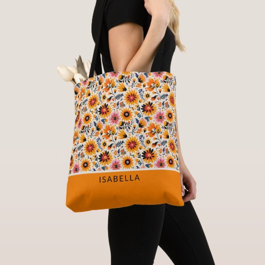 Elegante trendy kleurrijke bloemstuk naam personal tote bag (Dichtbij)