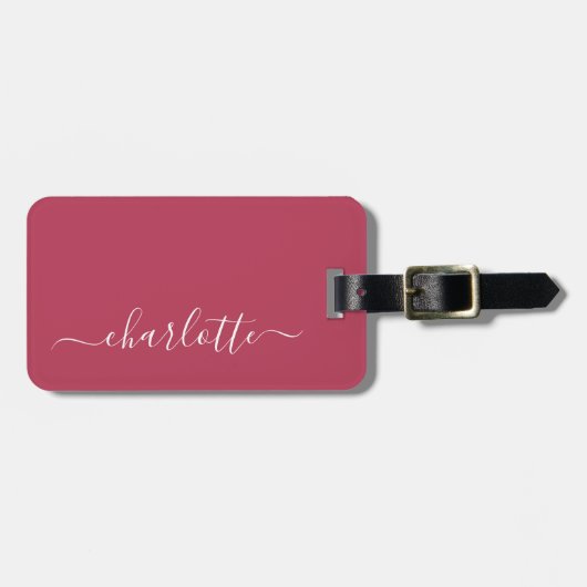Elegante trendy magenta script naam gepersonalisee bagagelabel (Voorkant horizontaal)