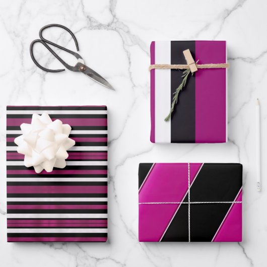 Elegante Trendy Magenta Zwart-wit Stripes Inpakpapier Vel (Voorkant)