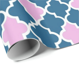 Elegante, trendy marineblauwe, roze vierbladige bl cadeaupapier