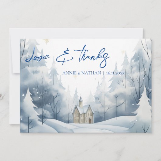 Elegante trendy sneeuwlandschap winterbruiloft bedankkaart (Voorkant)
