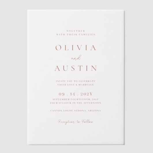 Elegante trendy terracotta bruiloft vellum uitnodigingen (Voorkant)