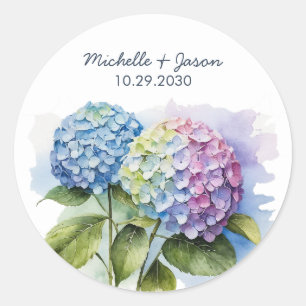 Elegante trendy Waterverf hortensia bloemenbruilof Ronde Sticker