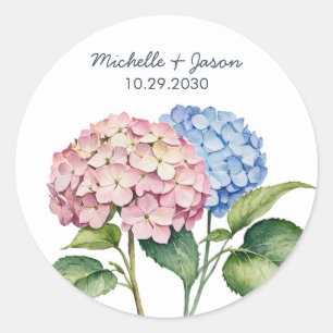 Elegante Trendy Waterverf Hydrangea Bloemige Trouw Ronde Sticker