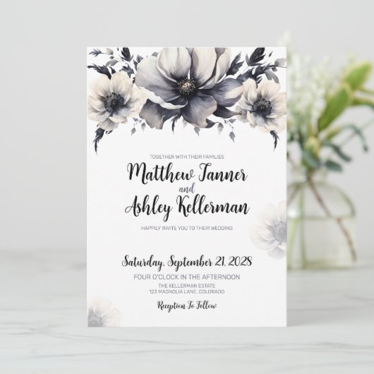 Elegante Trendy Zwarte Witte Bloemige Bruiloft Kaart (Staand voorkant)