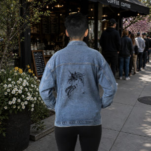 Elegante Tribale Eenhoorn Zwarte Inkt Fantasie Denim Jacket