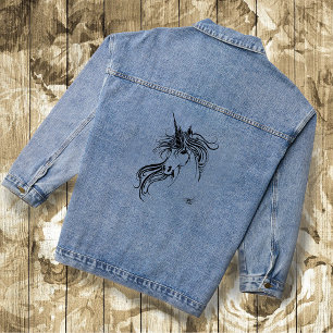 Elegante Tribale Eenhoorn Zwarte Inkt Fantasie  Denim Jacket