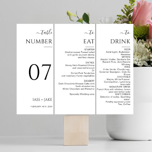 Elegante Trifold Tafelnummer Modern Bruiloft Menu