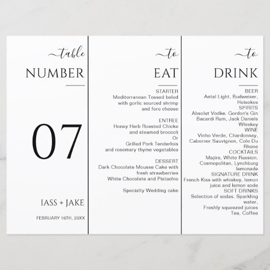 Elegante Trifold Tafelnummer Modern Bruiloft Menu (Achterkant)