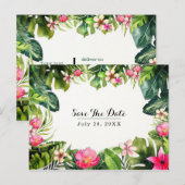 Elegante Tropen Groene Bladeren Bloemige Save the Aankondigingskaart (Voorkant / Achterkant)