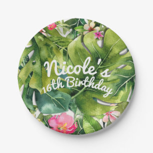 Elegante Tropen Groene Bladeren Bloemrijke Waterve Papieren Bordje