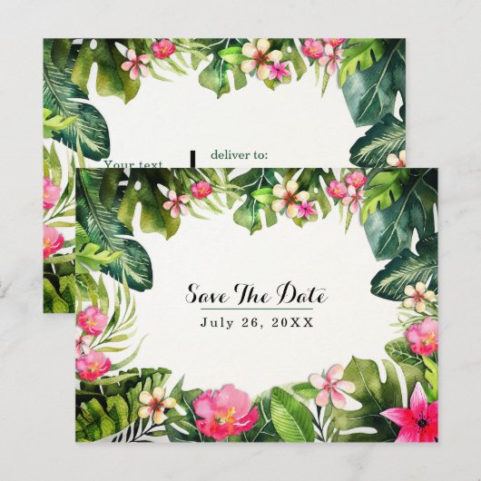 Elegante Tropen Groene Bladeren Bloemstuk Save the Aankondigingskaart (Voorkant / Achterkant)