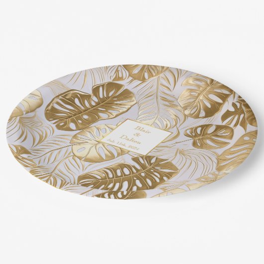 Elegante tropen Monstera vergulde gouden bruiloft Papieren Bordje (Gekanteld)