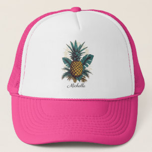 Elegante Tropische Ananas Aangepaste Naam Roze Trucker Pet