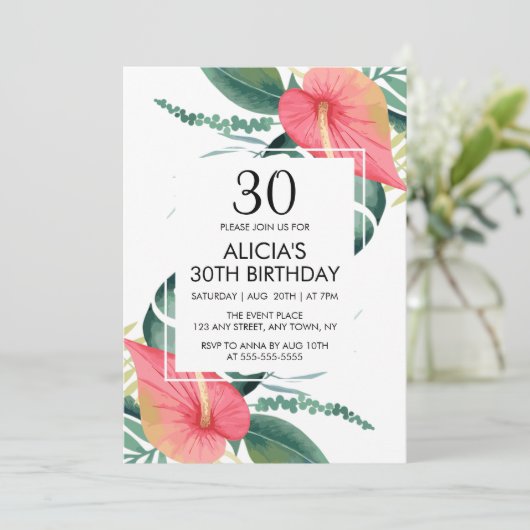 Elegante Tropische Anthurium & Monstera Verjaardag Kaart (Staand voorkant)