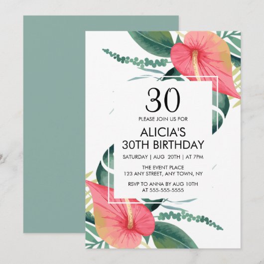 Elegante Tropische Anthurium & Monstera Verjaardag Kaart (Voorkant / Achterkant)