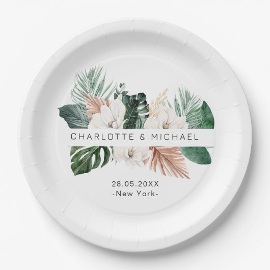 Elegante, tropische, bladbruiloft papieren bordje (Voorkant)