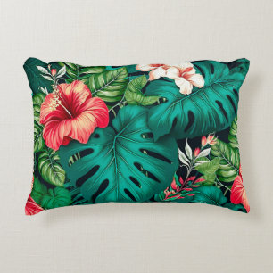 Elegante Tropische Bladeren en Hibiscus Bloemen   Accent Kussen