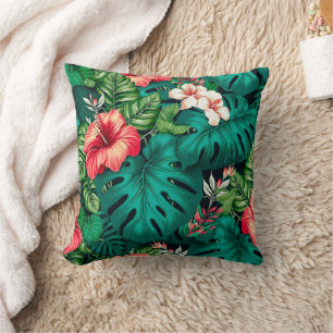 Elegante Tropische Bladeren en Hibiscus Bloemen   Kussen